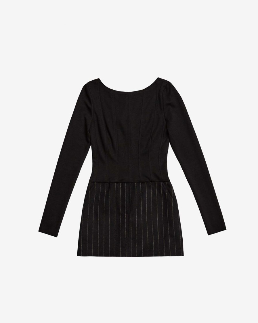 Women JASON WU Dresses | Long Sleeve Boat Neck Ponte Mini Dress W/Pinstripe Skirt