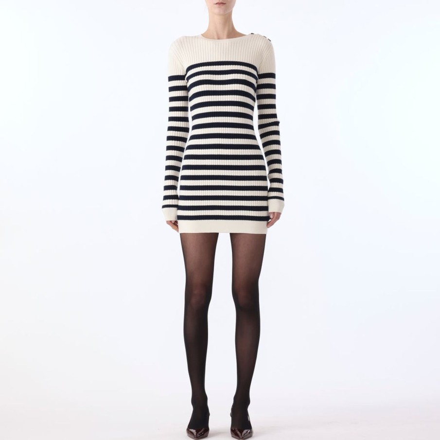 Women JASON WU Dresses | L/S Crew Neck Striped Knit Dress W/Button Detail