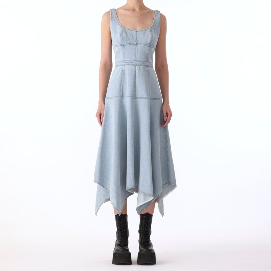 Women JASON WU Dresses | S/L Denim Dress W/Asymmetrical Hem