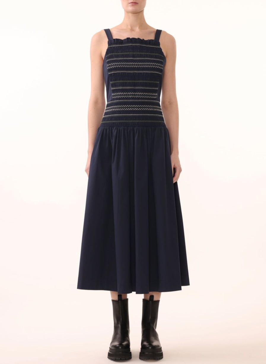 Women JASON WU Dresses | S/L Midi Dress W/Contrast Smocking Detail