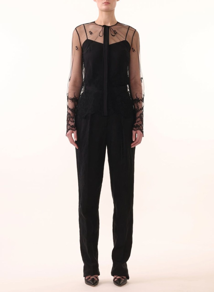 Women JASON WU Tops | Embroidered Tulle L/S Tie Front Blouse