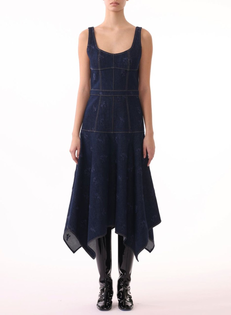 Women JASON WU Dresses | Sleeveless Denim Dress W/Floral Embroidery